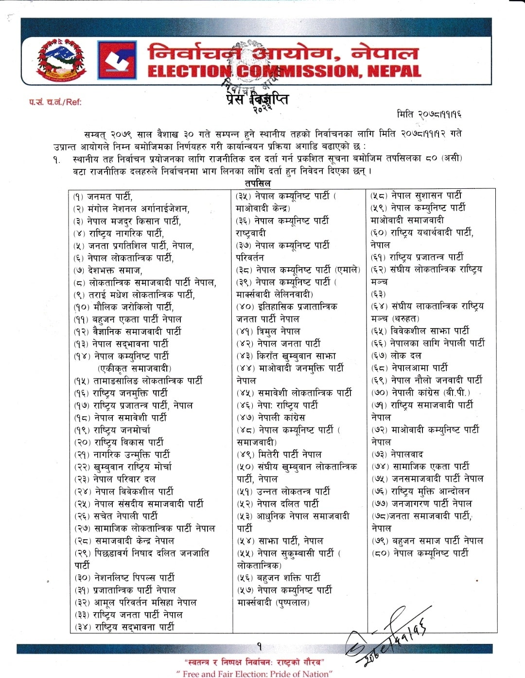 यी हुन स्थानीय तहको निर्वाचनका लागि नाम दर्ता गराएका ८० दल (सूची सहित)
