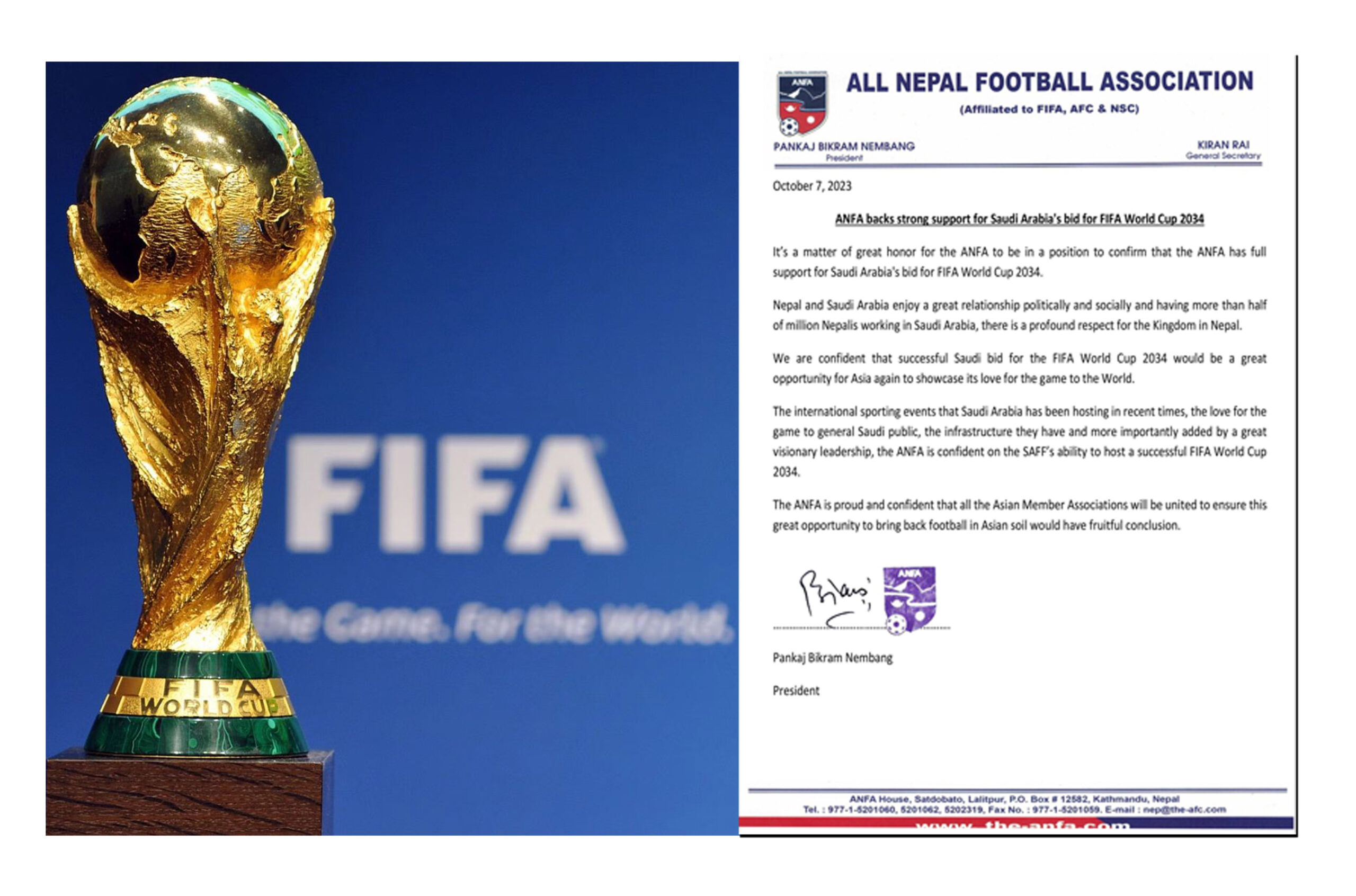 सन् २०३४ को विश्वकप आयोजना गर्न साउदी अरबलाई नेपालको समर्थन