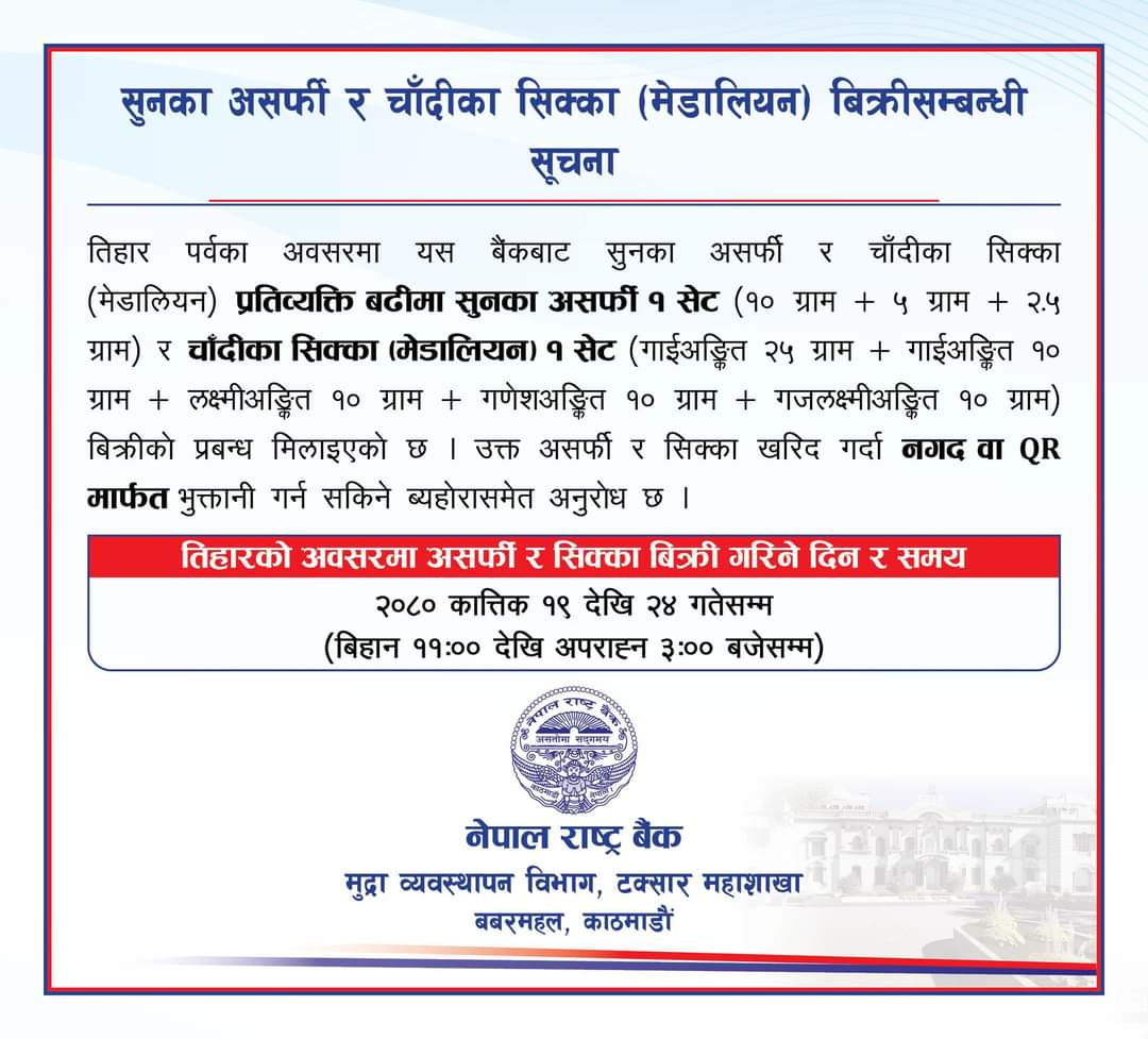 राष्ट्र बैंकले कार्तिक १९ गतेदेखि सुनका असर्फी र चाँदीका सिक्का बेच्ने