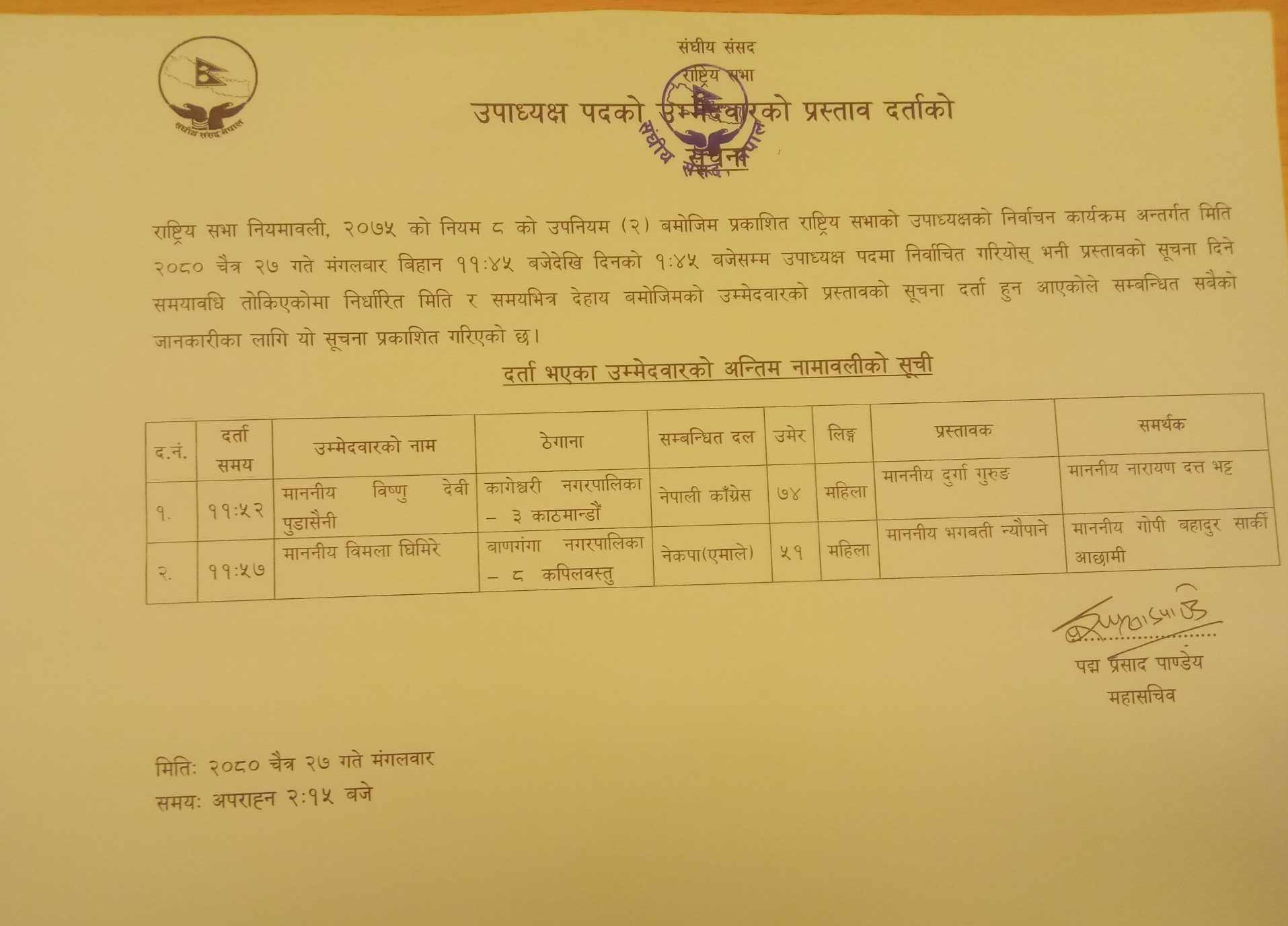 राष्ट्रिय सभाको बैठक, उपाध्यक्षका लागि निर्वाचन हुने