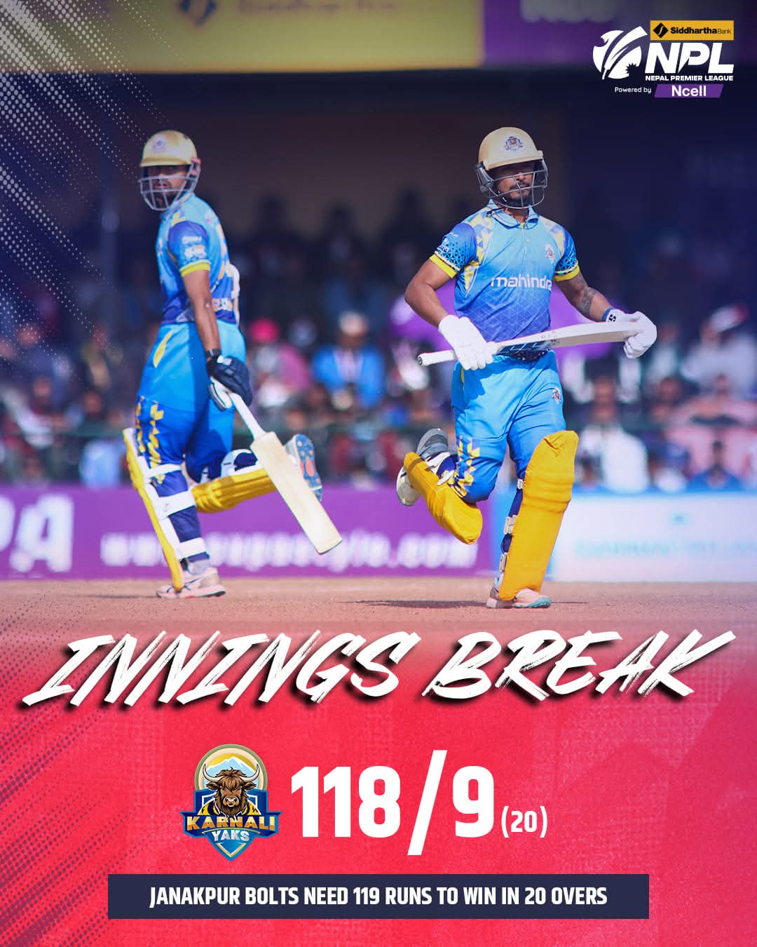 नेपाल प्रिमियर लिग क्रिकेट: दाेश्राे क्वालिफायर खेलमा कर्णालीद्धारा जनकपुरसामु ११९ रनको लक्ष्य प्रस्तुत
