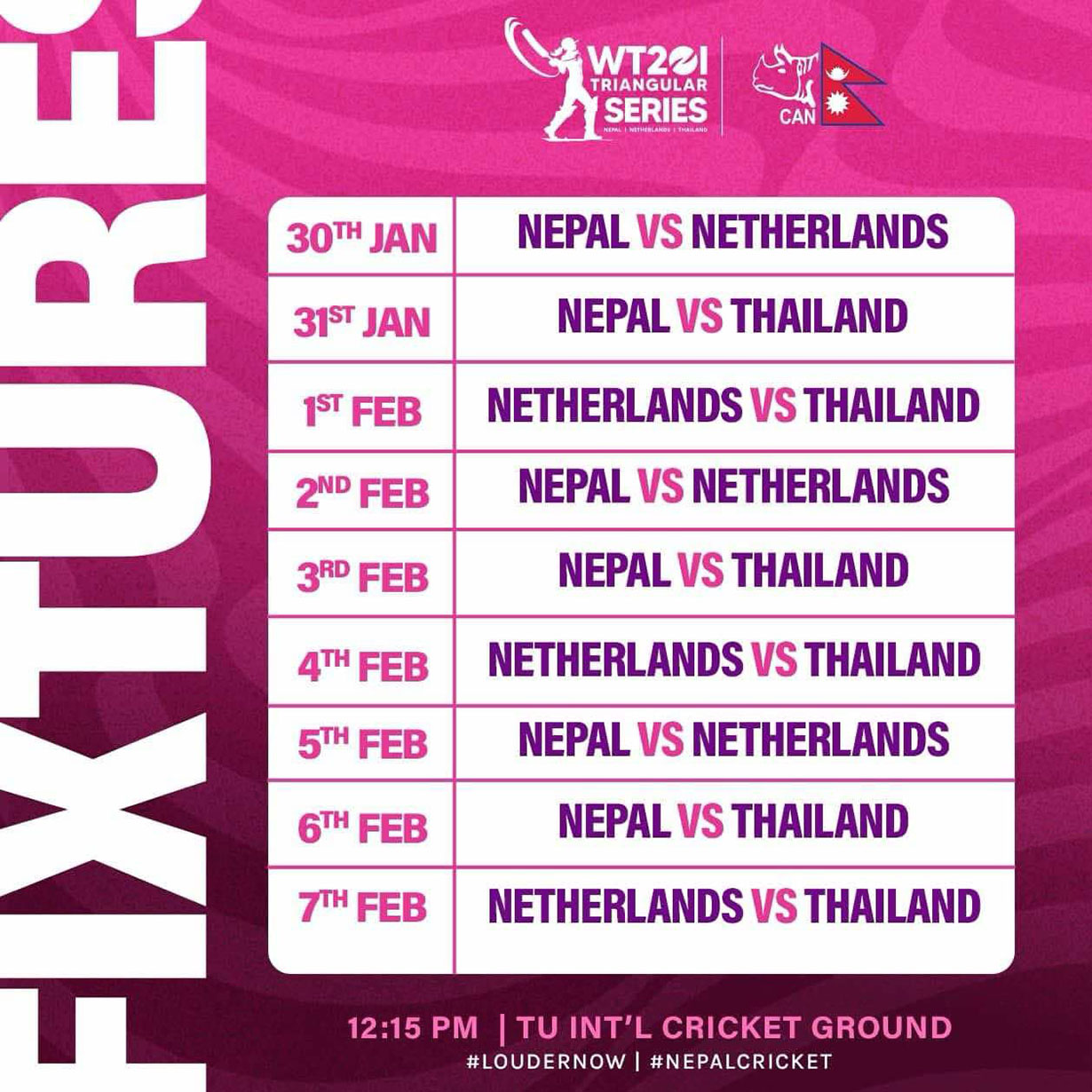 नेपाल, थाइल्याण्ड र नेदरल्याण्ड्स सम्मिलित महिला टी-२० आई श्रृंखला हुने