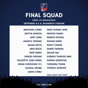 नेपाल र बंगलादेशबीचको मैत्रीपूर्ण खेलका निम्ति नेपाली राष्ट्रिय फुटबल टोलीको घोषणा