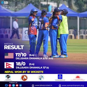 दृष्टिविहीन महिला टी-२० विश्वकप क्रिकेट: नेपाल सेमीफाइनलमा, अमेरिका १० विकेटले स्तब्ध